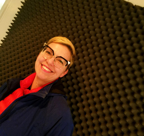 Jen Ray in the Brain Fuzz Arts Podcast temporary studio.